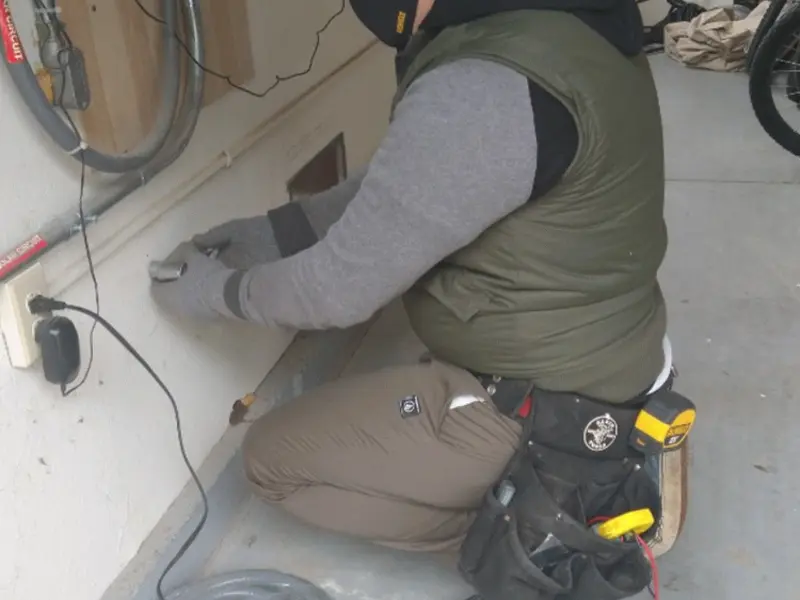 Electrician performing outlet wiring in a Laguna Niguel garage